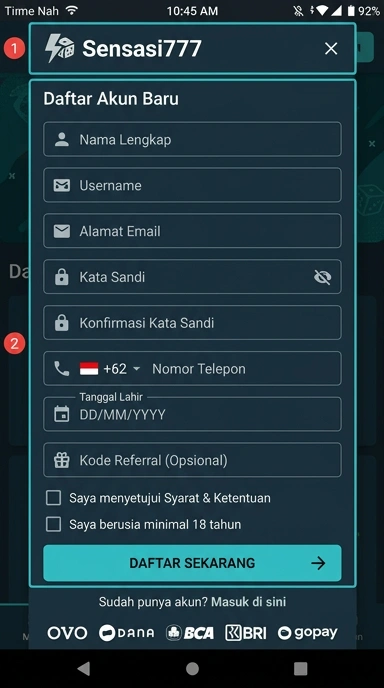 Tampilan halaman daftar sensasi777